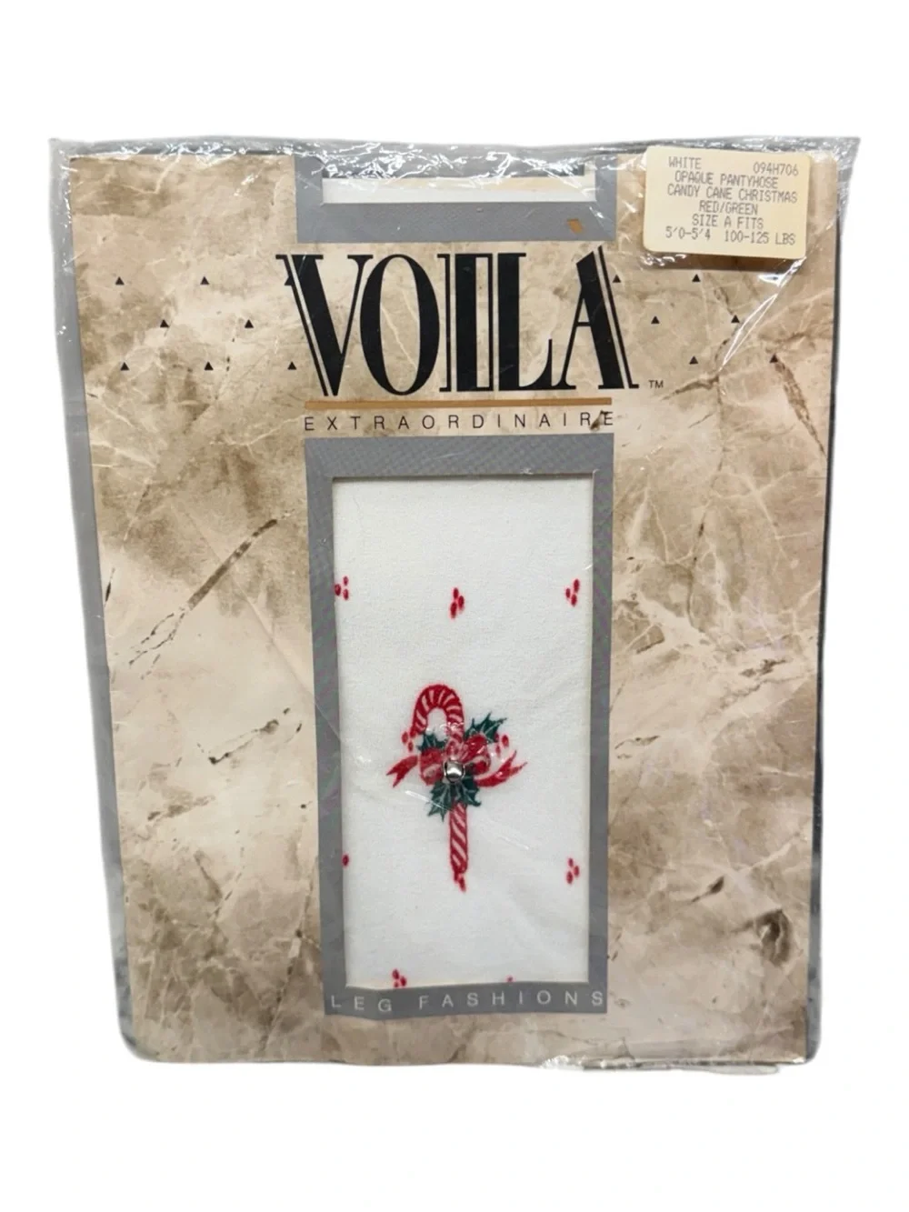 1988 Voila Extraordinaire Leg Fashions Candy Cane Christmas Pantyhose White A